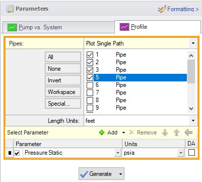 The Profile tab in the Graph Results window. 4 pipes are selected to plot.