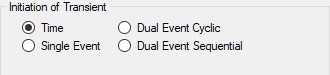 The Initiation of Transient area of a junction's transient tab. Options are given for Time, Single Event, Dual Event Cyclic, and Dual Event Sequential.