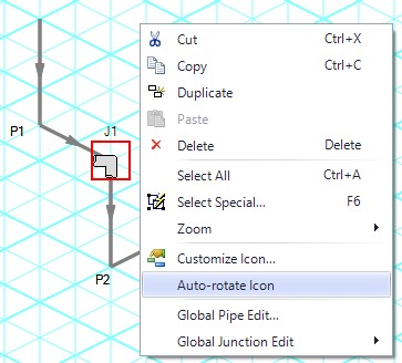 A bend on an isometric grid connected to two pipes. The bend has been right clicked, showing the option to Auto-rotate icon.