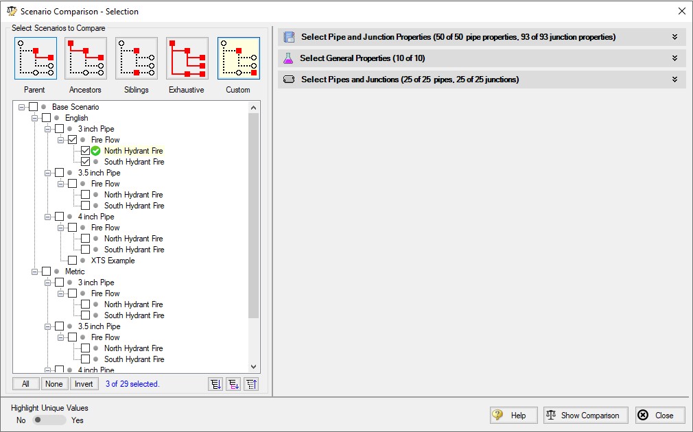 Scenario Comparison window with options to modify the comparison.