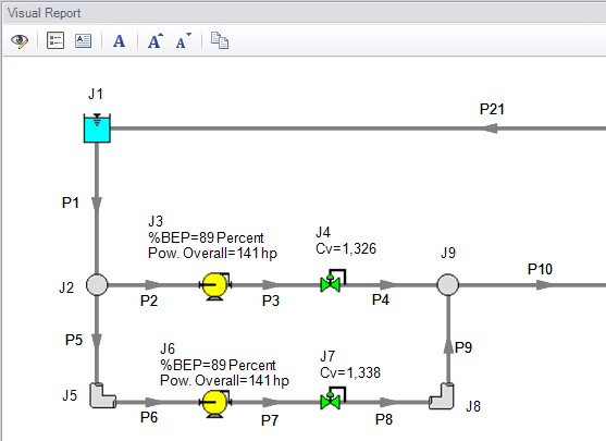 Visual Report window with output displayed for 2 pumps and 2 control valves.