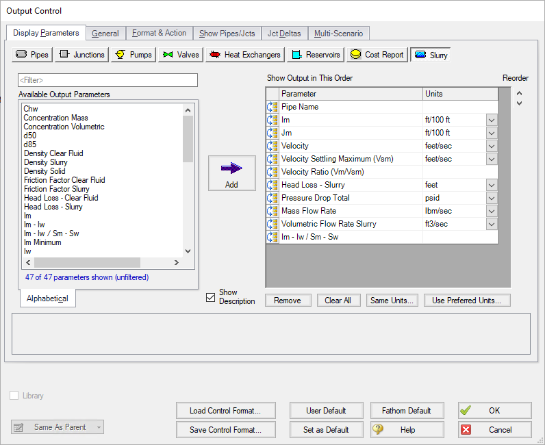 The Output Control window with the Slurry button selected.