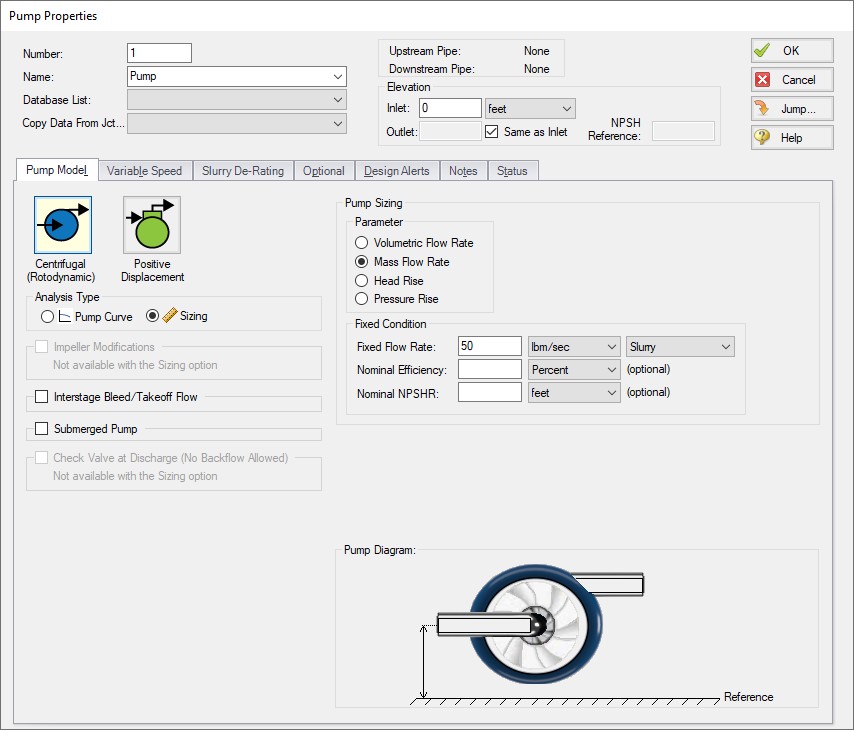 The Pump Model tab of the Pipe Properties window. The pump has a fixed mass flow rate set to 50 lbm/sec of slurry.