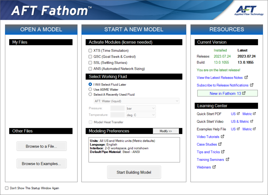 The Startup Window in AFT Fathom.