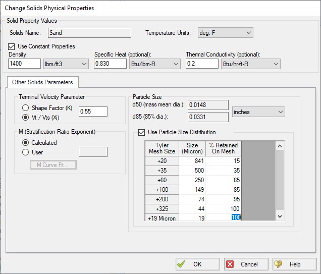 The particle size distribution can be defined in the Other Solids Parameters tab of the Solids Physical Properties window.