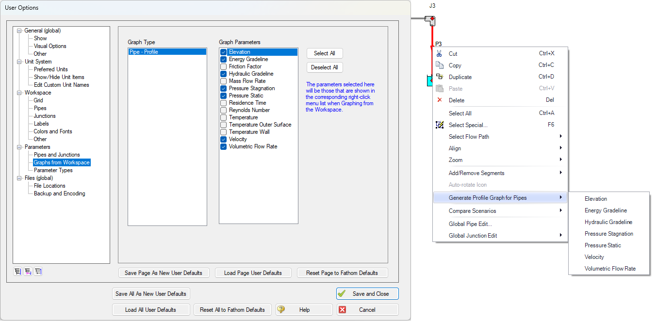 The Graphs from Workspace panel of the User Options allows customization of the right-click context menu for generating graphs directly from the Workspace