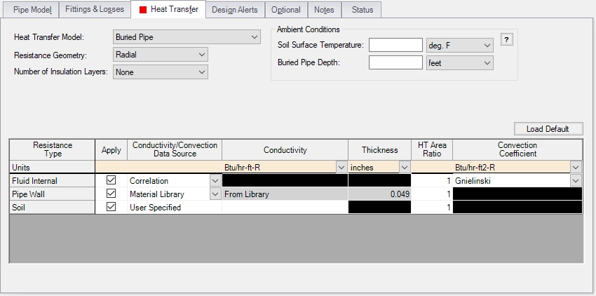 The Heat Transfer tab in the Pipe Properties window. The Heat Transfer Model is set to Buried Pipe.