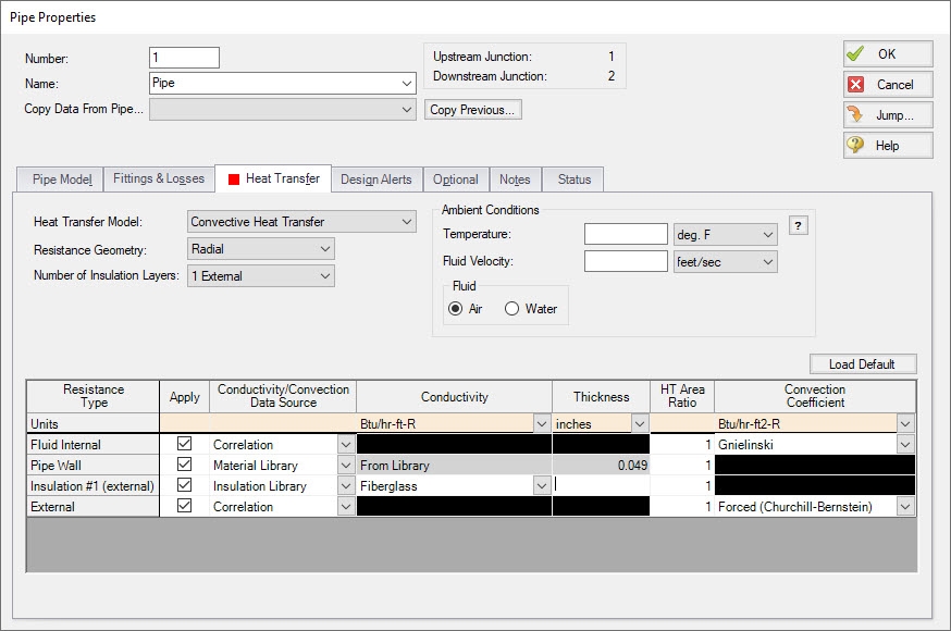 The Heat Transfer tab in the Pipe Properties window. Conv. Heat Transfer and Heat Flux is selected for the Heat Transfer Model.