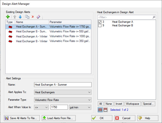 The Design Alert Manager showing several examples of design alerts applied to heat exchangers