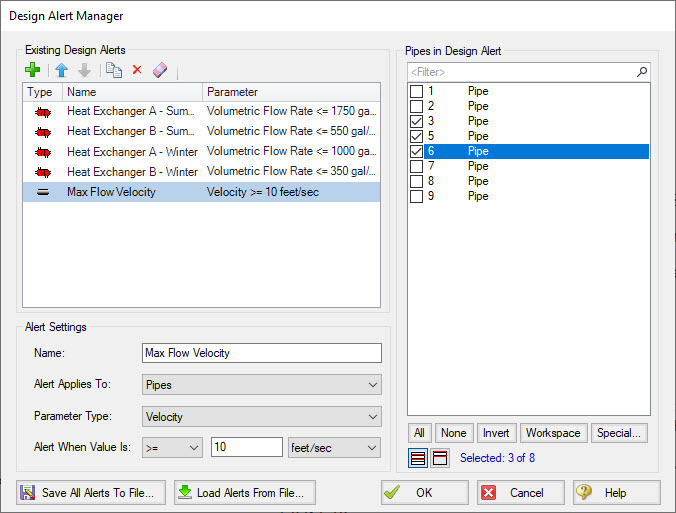 Creating a design alert in the Design Alert Manager window.