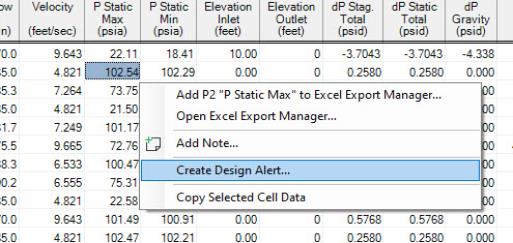 Right clicking on a cell in the Output window allows you to create a design alert from the output window.