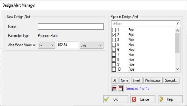 The Design Alert Manager window with an automatically defined design alert.