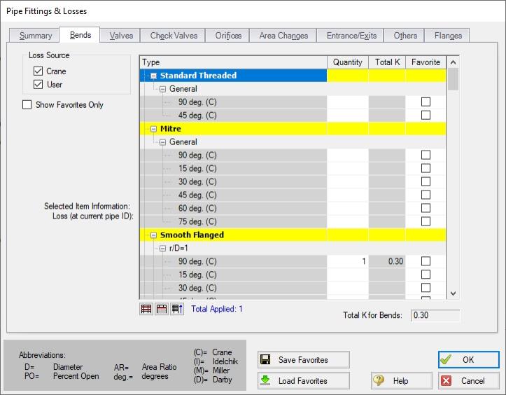 The Bends tab of the Pipe Fittings & Losses window. 