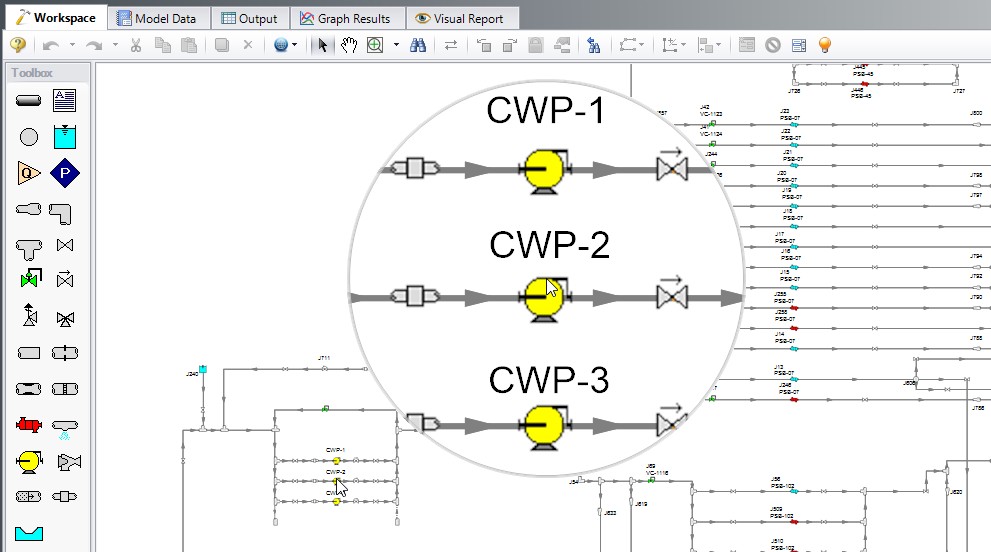 The magnifier tool is used to enlarge 3 pumps on the workspace.