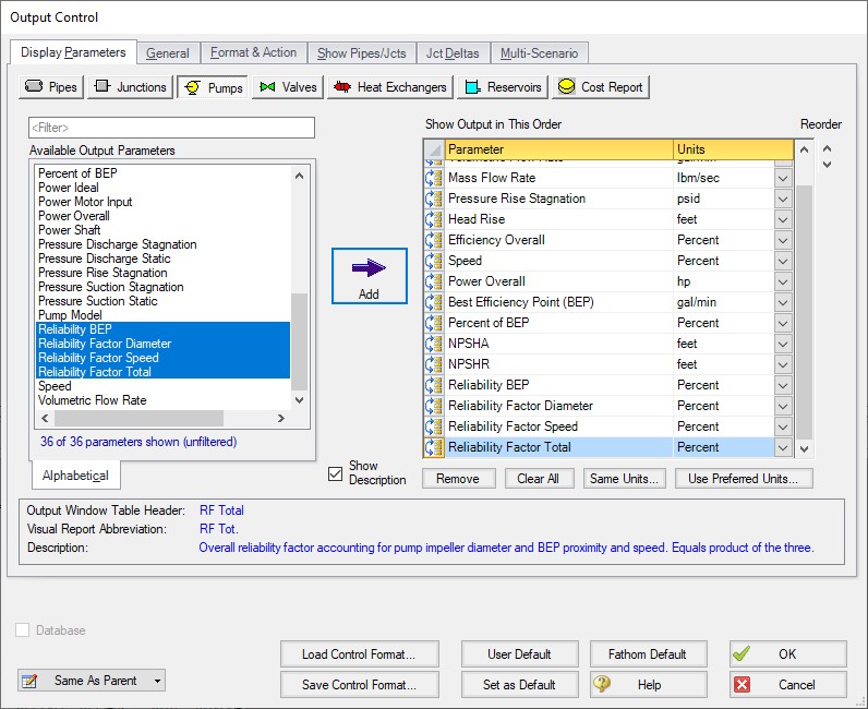 The Output Control window with pump reliability factors added.