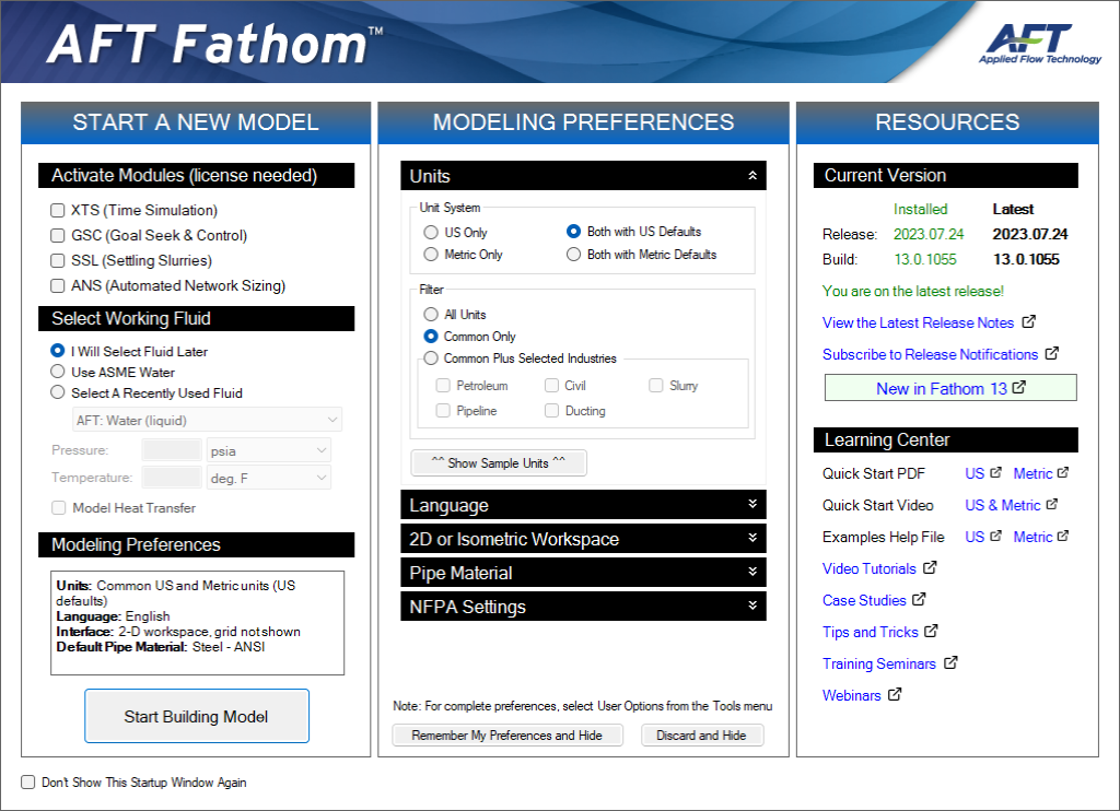 The Startup Window in AFT Fathom showing the modeling preferences.