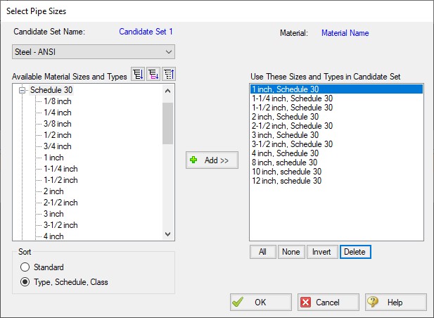 The Select Pipe Sizes window with pipe material Steel - ANSI and sizes 1 inch to 12 inch added to the Candidate Set.