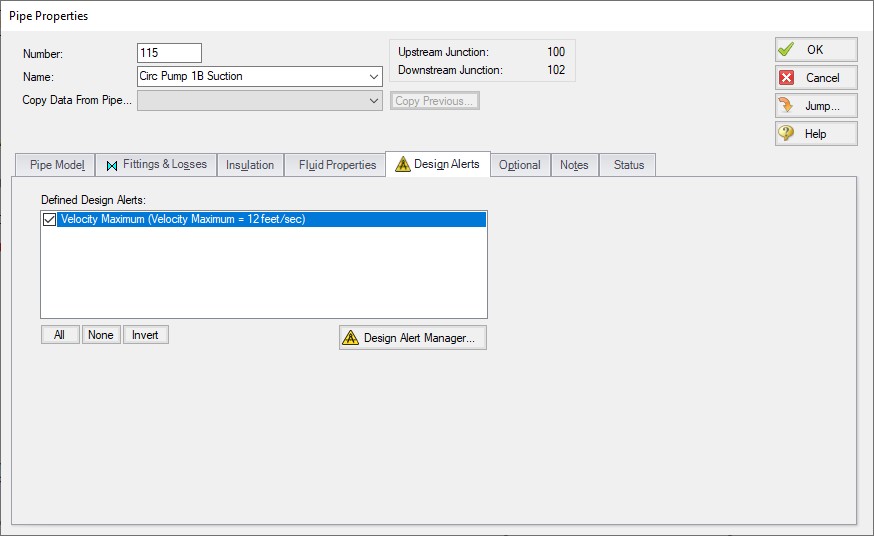 The Design Alerts tab in the Pipe Properties window. This shows a design alert being applied to a pipe.