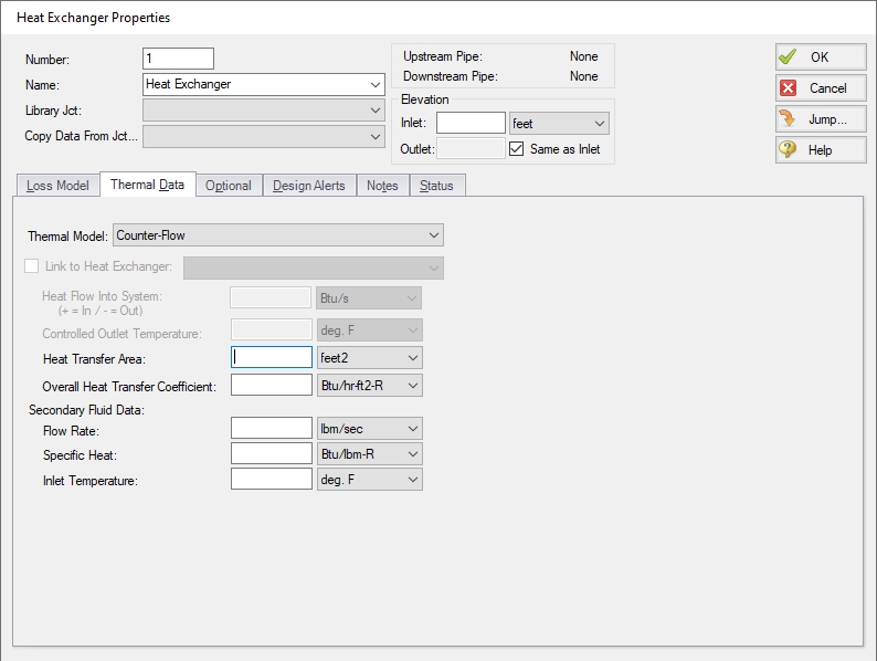 The Thermal Data tab in the Heat Exchanger Properties window. Counter-Flow is selected for the Thermal Model.