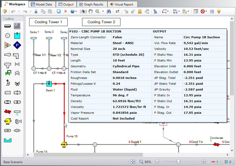 The Inspection feature in the Workspace. The Inspection Feature shows the properties for a pipe and its output after the model is run.