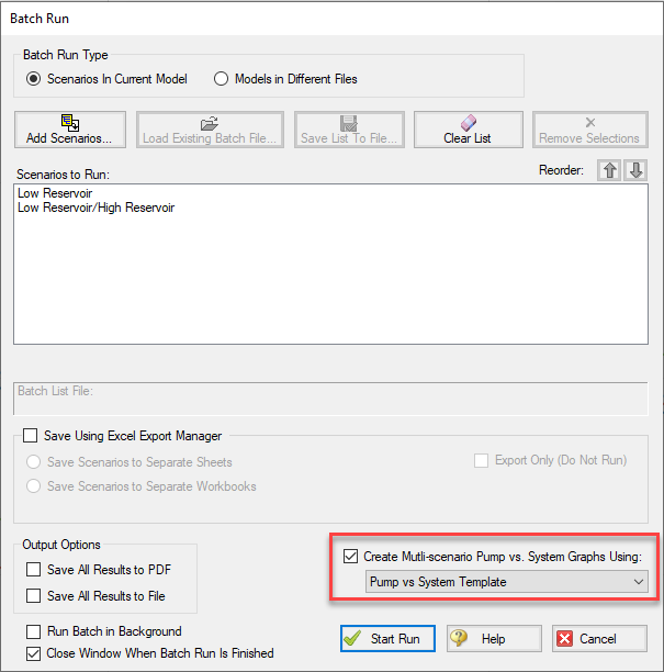 The Batch Run window with the option for Create Multi-scenario Pump V System Graphs Using: Pump vs System Template selected.