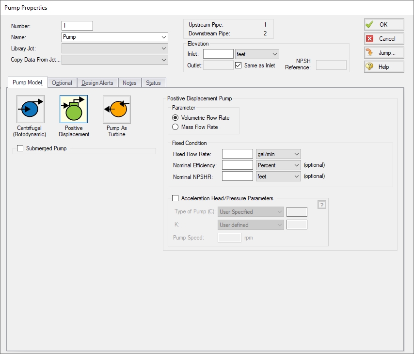 The Pump Model tab of the Pump Properties window. The Positive Displacement option is selected for the Pump Model.