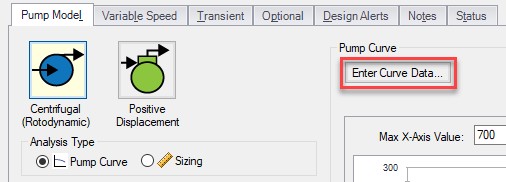 The Pump Model tab of the Pump Properties window. The Enter Curve Data button is outlined in a red box.