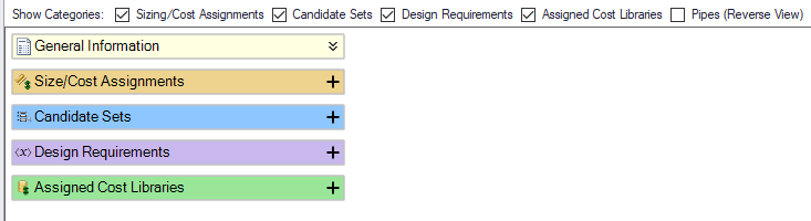 The Sizing Summary panel with each node collapsed.