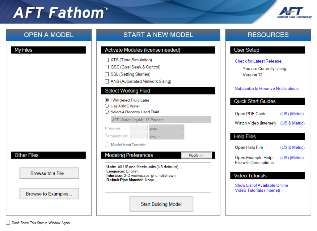 The Startup Window in AFT Fathom.