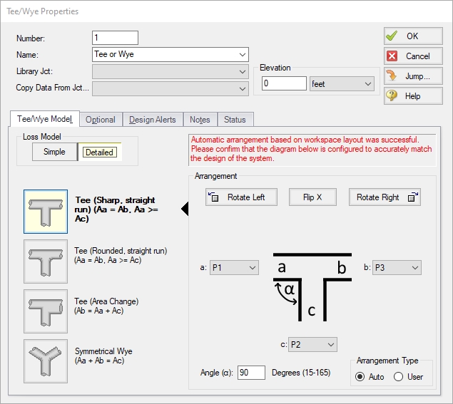 The Tee/Wye Model tab in the Tee/Wye Properties window. The detailed loss model is selected.