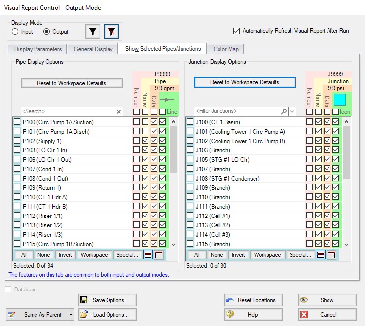 The Show Selected Pipes/Junctions tab of the Visual Report Control window.