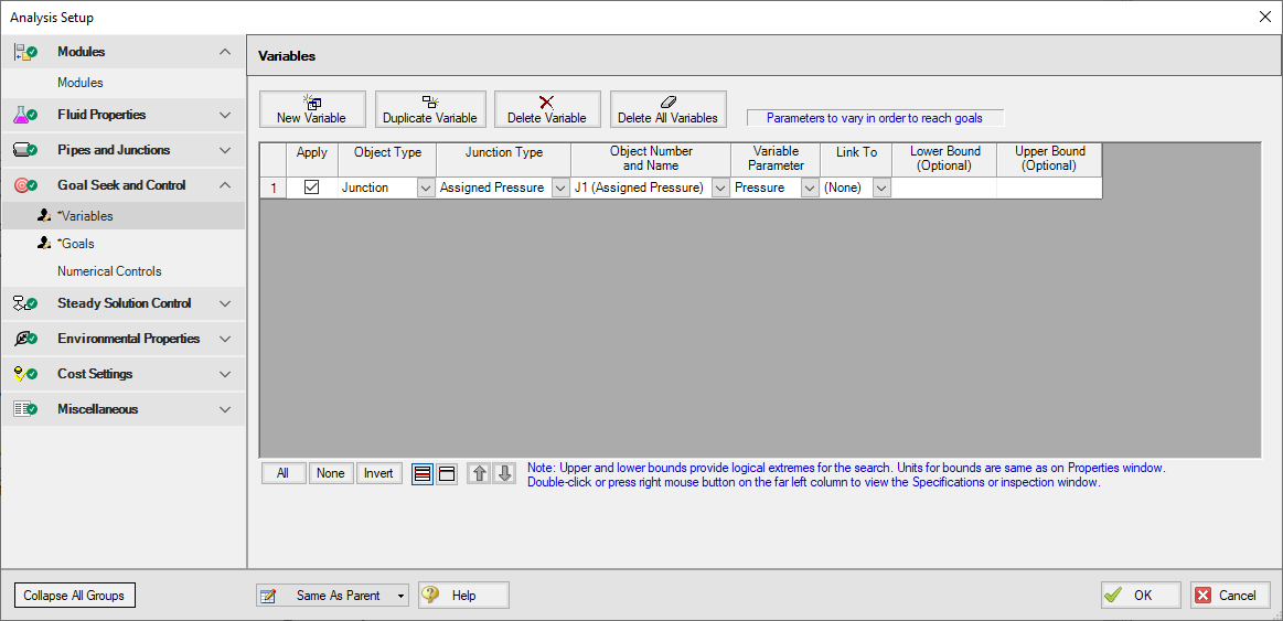 The Variables tab of the Goal Seek and Control Manager.