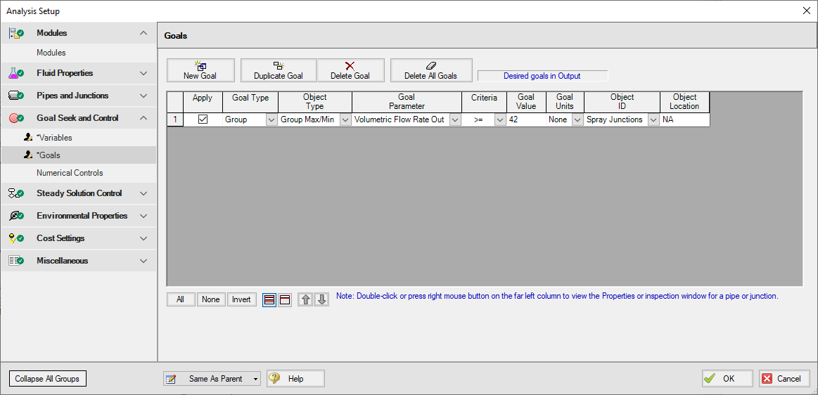 The Goals tab of the Goal Seek and Control Manager with one goal defined.