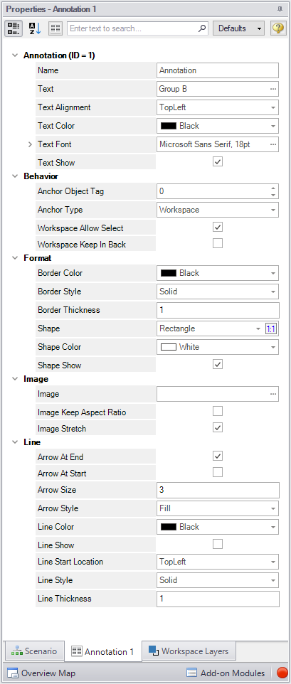 A screenshot of the contextual Properties tab in the QAP as it appears when an annotation is selected on the Workspace