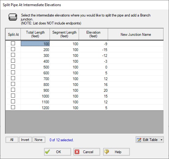 The Split Pipe At Intermediate Elevations window.