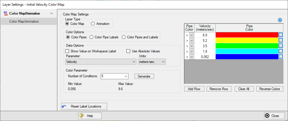 A screenshot of the Layer Settings window for a Color Map special layer