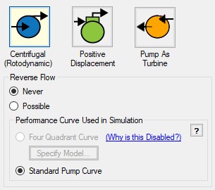 The Pump Configuration section of the Pump Properties window with the new Positive Displacement and Pump As Turbine options.