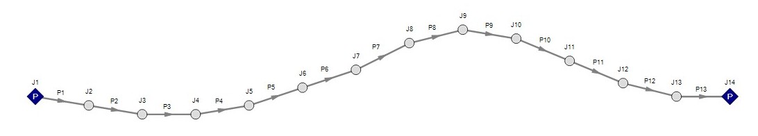 A model that shows multiple branch junctions between 2 pressure junctions at different elevations.