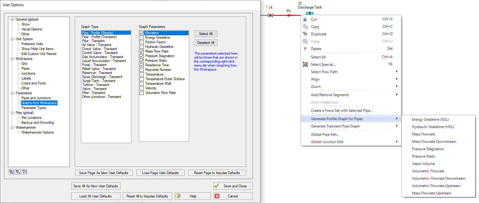 The Graphs from Workspace panel of the User Options allows customization of the right-click context menu for generating graphs directly from the Workspace