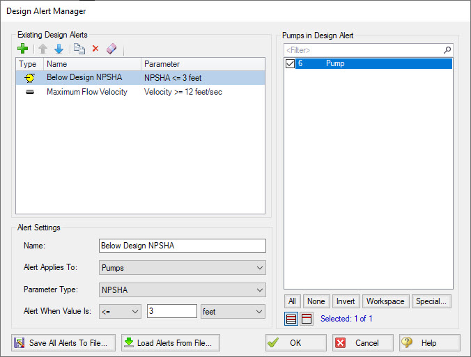 The Design Alert Manager showing several examples of design alerts applied to a Pump and Pipe