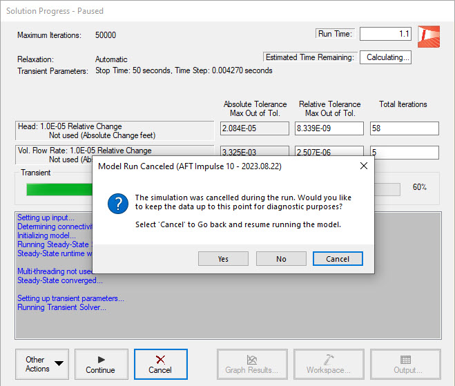 A popup message stating that transient output can be retained during cancel overlayed on top of the transient solver