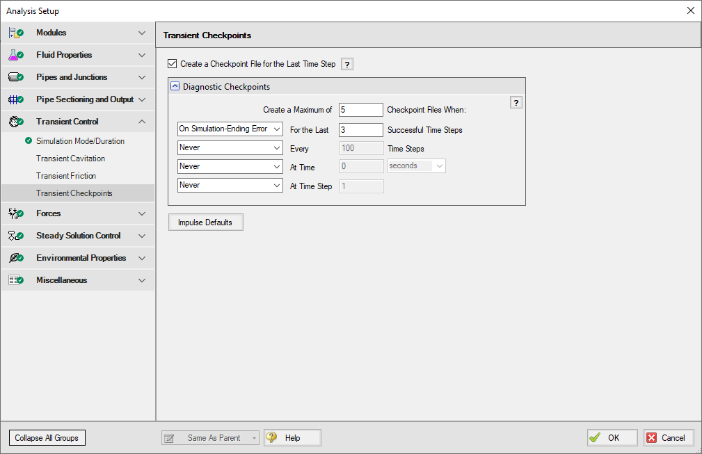 Displaying the Transient Checkpoint panel within Analysis Setup