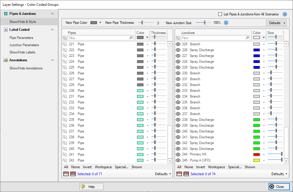 A screenshot displays the panel area of the Show/Hide & Style item within the Pipes & Junctions group