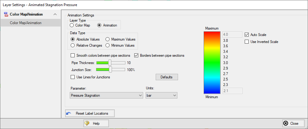 The Layer Settings window for an animated color map layer