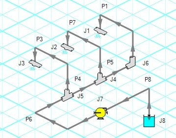 A spray discharge model drawn in the isometric pipe drawing mode.