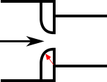 A diagram of a round-edged orifice with different upstream and downstream pipe areas.