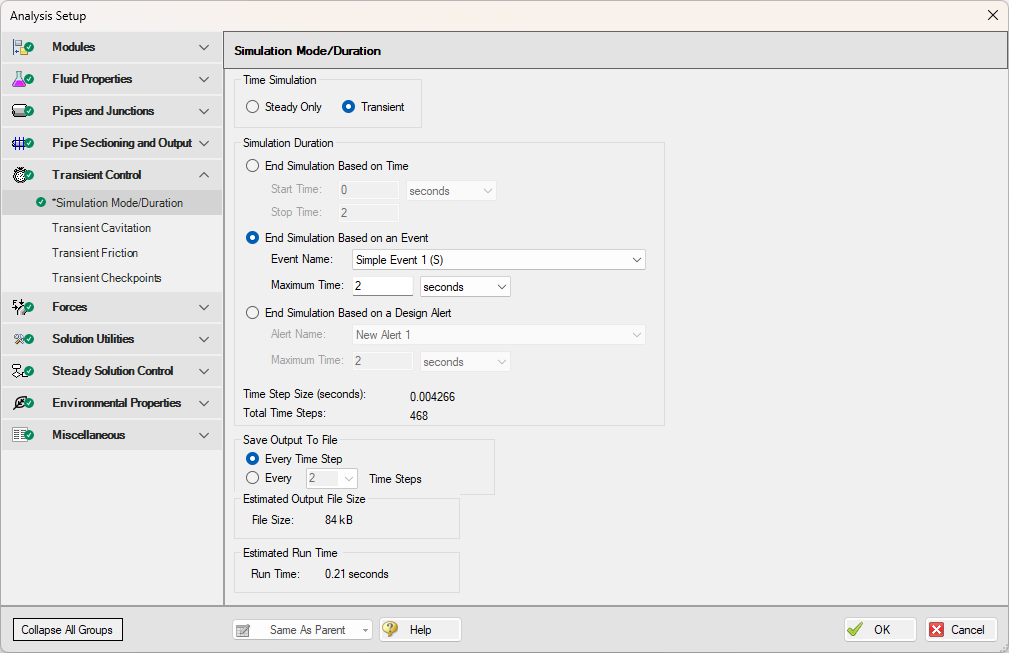 Displaying the Transient Checkpoint panel within Analysis Setup