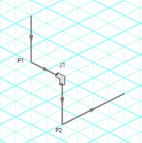 A bend connecting two pipes on the isometric grid with the icon rotated.