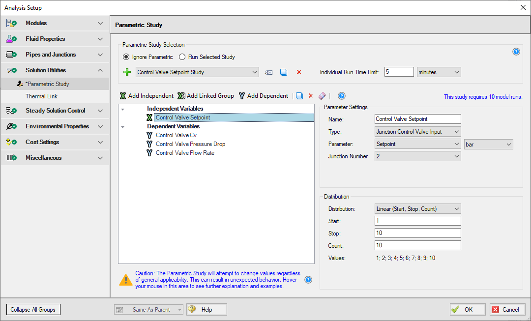 Parametric Study panel in Analysis Setup window
