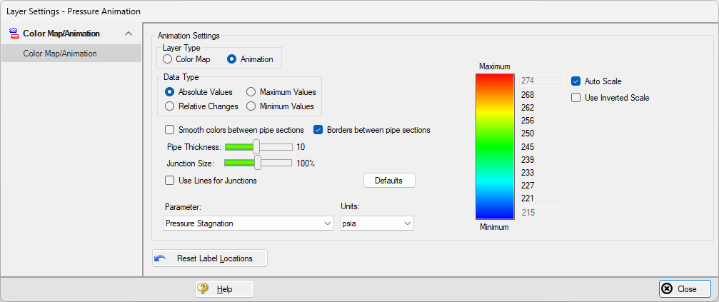 The Layer Settings menu for creating an animated color map